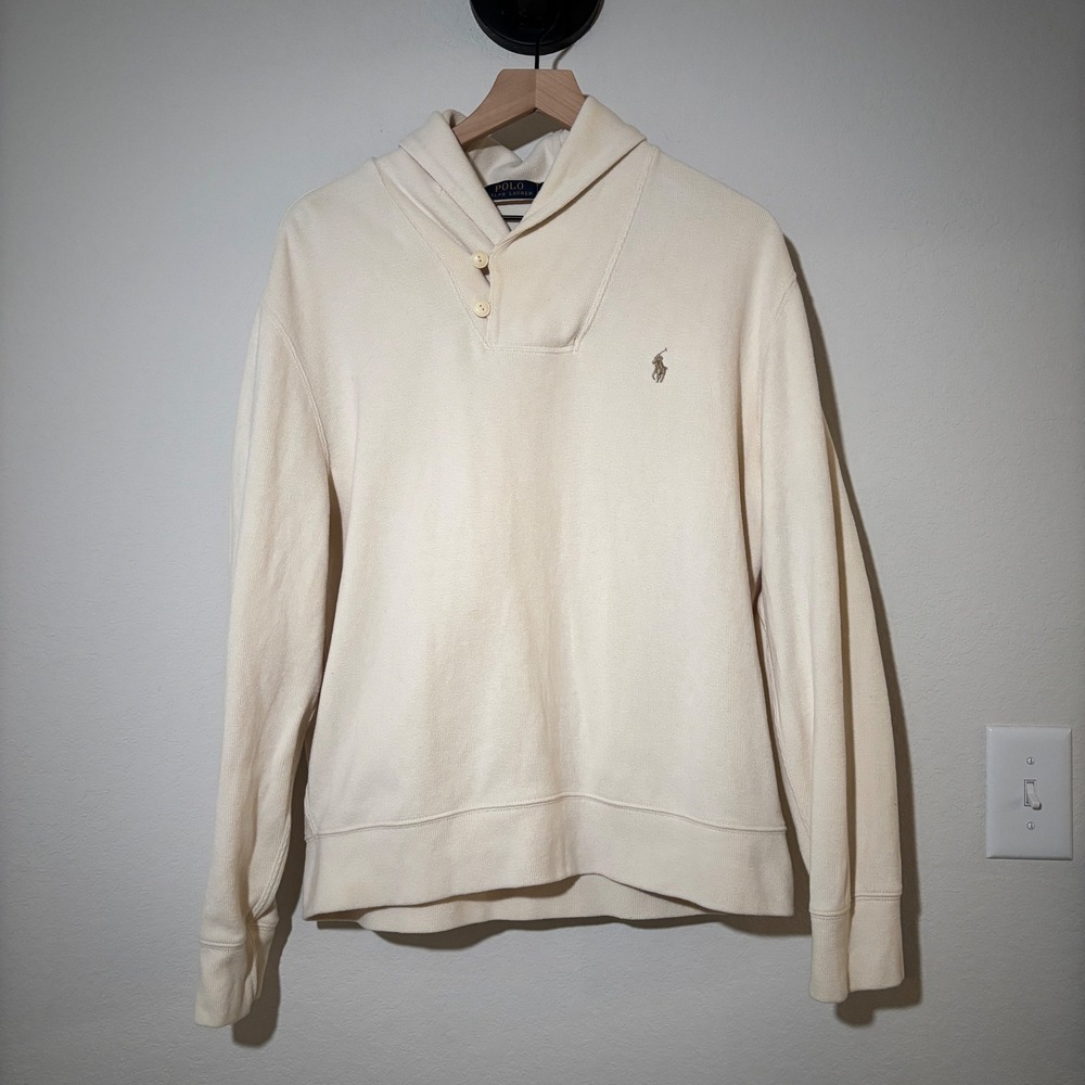 Polo Ralph Lauren Pullover Shawl Collar Large Cotton Cream Preppy Old Money